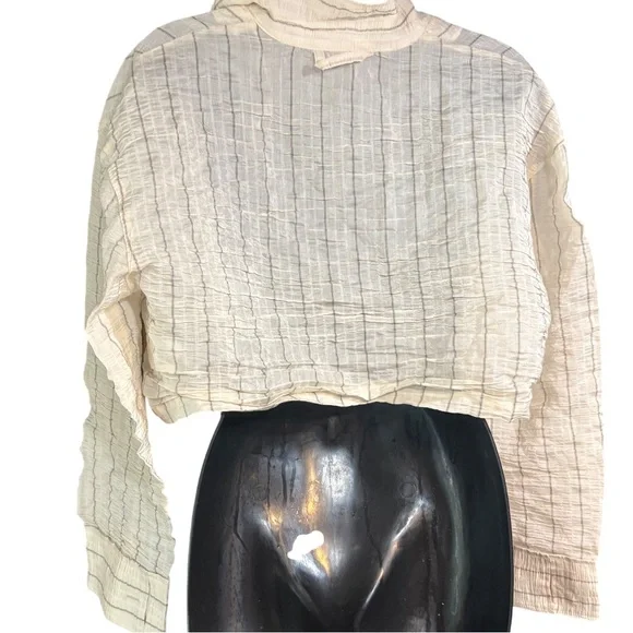 Zara women's cream striped crinkled blazer shirt top cropped medium - Picture 2 of 9